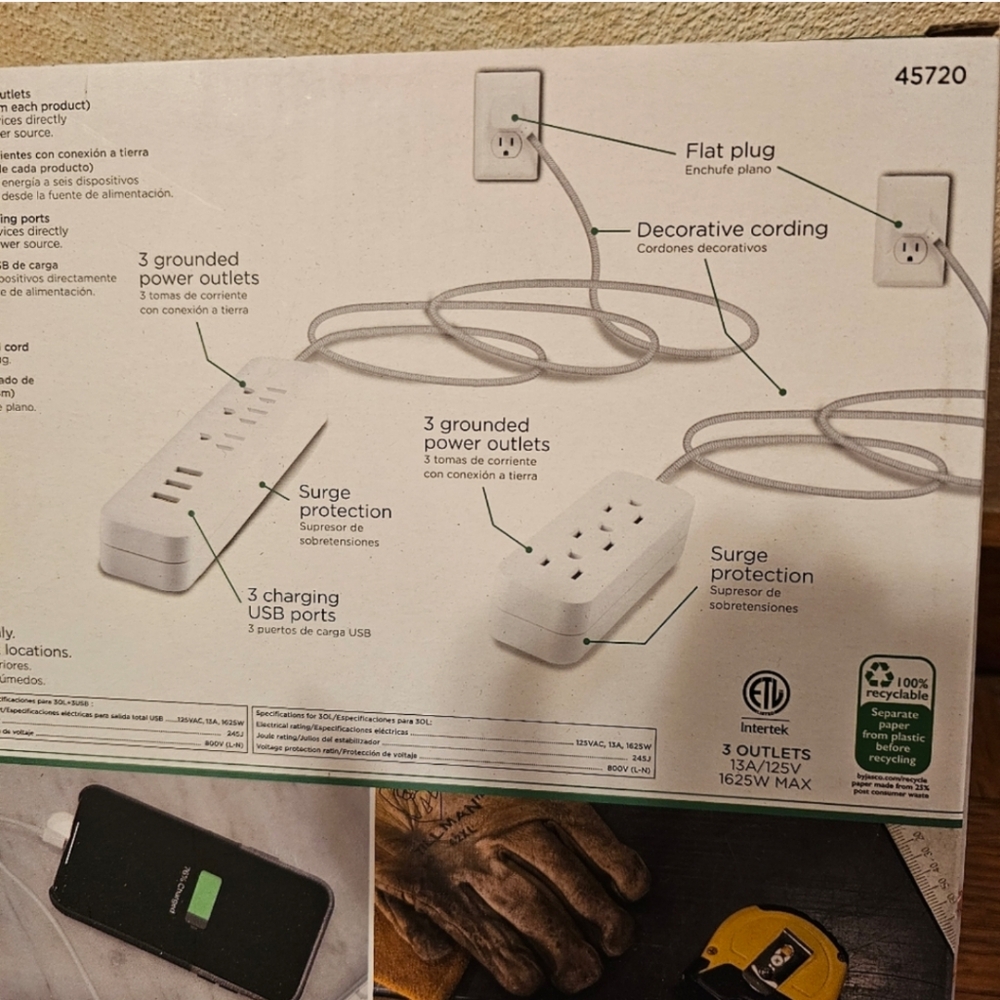 Jasco 2 Pack Extension Cords with USB Charging 8 Ft Extra Long 6 Outlets 3 USB - Picture 4 of 4